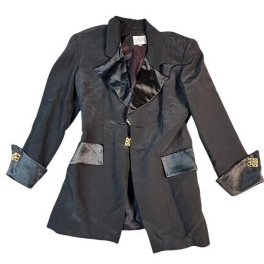Vintage Kathryn Dianas Black Wool Blend Satin Trim Blazer‎ Jacket Size 10 USA